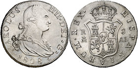 1808. Carlos IV. Madrid. AI. 8 reales. (Cal. 677). 26,43 g. Oxidaciones limpiadas. Ex Colección Manuela Etcheverría. Escasa. (MBC+).