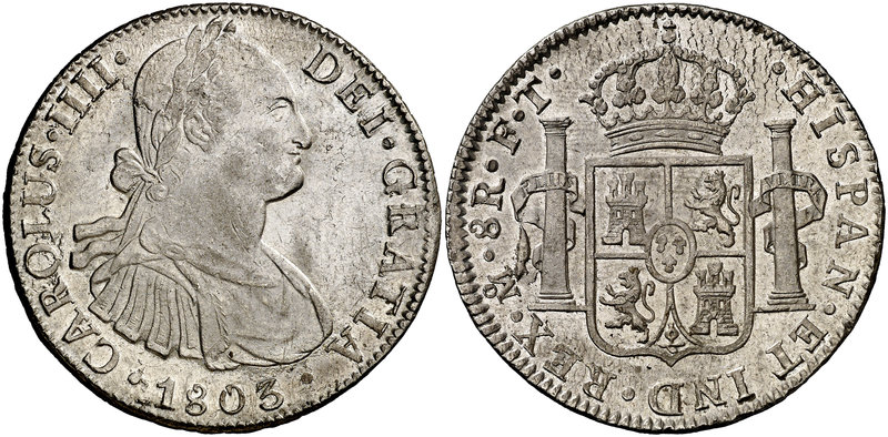 1803. Carlos IV. México. FT. 8 reales. (Cal. 699). 27 g. Parte de brillo origina...