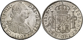 1803. Carlos IV. México. FT. 8 reales. (Cal. 699). 27 g. Parte de brillo original. Ex Colección Manuela Etcheverría. EBC.