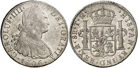 1806. Carlos IV. México. TH. 8 reales. (Cal. 705). 26,96 g. Parte de brillo original. Ex Colección Manuela Etcheverría. EBC-/EBC.