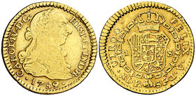 1789. Carlos IV. Popayán. SF. 1 escudo. (Cal. 521) (Restrepo 83-1a). 3,28 g. Busto de Carlos III. Ordinal IV/III. Punto entre HISPET IND. Acuñación al...