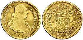 1792. Carlos IV. Popayán. JF. 1 escudo. (Cal. 523) (Restrepo 85-2). 3,26 g. Primer año de busto propio. Escasa. BC+/MBC-.