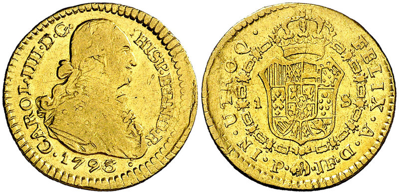 1793. Carlos IV. Popayán. JF. 1 escudo. (Cal. 524) (Restrepo 85-4). 3,35 g. Rayi...