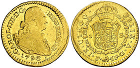 1793. Carlos IV. Popayán. JF. 1 escudo. (Cal. 524) (Restrepo 85-4). 3,35 g. Rayitas. Parte de brillo original. Escasa. MBC-/MBC.