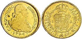 1794. Carlos IV. Popayán. JF. 1 escudo. (Cal. 525) (Restrepo 85-6). 3,33 g. Escasa. BC+/MBC-.
