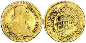 1800. Carlos IV. Popayán. JF. 1 escudo. (Cal. 531) (Restrepo 85-18). 3,34 g. Escasa. BC/BC+.