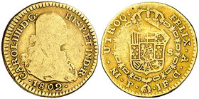 1802. Carlos IV. Popayán. JF. 1 escudo. (Cal. 533) (Restrepo 85-22). 3,27 g. Acuñación muy floja. Escasa. BC-/BC.