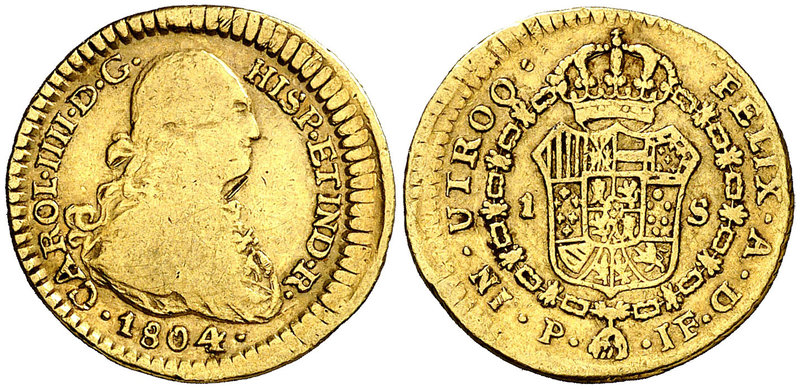 1804. Carlos IV. Popayán. JF. 1 escudo. (Cal. 535) (Restrepo 85-26). 3,37 g. Esc...