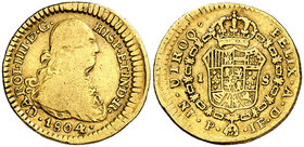 1804. Carlos IV. Popayán. JF. 1 escudo. (Cal. 535) (Restrepo 85-26). 3,37 g. Escasa. BC+/MBC-.