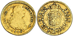 1806. Carlos IV. Popayán. JF. 1 escudo. (Cal. 539) (Restrepo 85-34). 3,28 g. Escasa. BC+/MBC-.