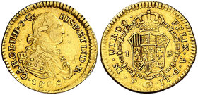 1806. Carlos IV. Popayán. JT. 1 escudo. (Cal. 540) (Restrepo 85-36). 3,33 g. Buen ejemplar. Escasa. MBC+.
