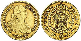 1793. Carlos IV. Santa Fe de Nuevo Reino. JJ. 1 escudo. (Cal. 568) (Restrepo 84-4). 3,32 g. Golpecito. Escasa. MBC-/MBC.