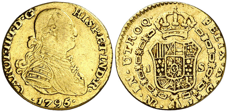 1795. Carlos IV. Santa Fe de Nuevo Reino. JJ. 1 escudo. (Cal. 570) (Restrepo 84-...