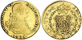 1795. Carlos IV. Santa Fe de Nuevo Reino. JJ. 1 escudo. (Cal. 570) (Restrepo 84-8). 2,90 g. Recortada. Muy escasa. (MBC/MBC+).