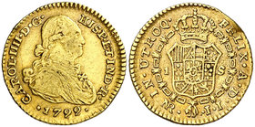 1799/88. Carlos IV. Santa Fe de Nuevo Reino. JJ. 1 escudo. (Cal. 574 var) (Restrepo 84-15a). 3,23 g. Golpe. Bonito color. Muy escasa. MBC-/MBC+.