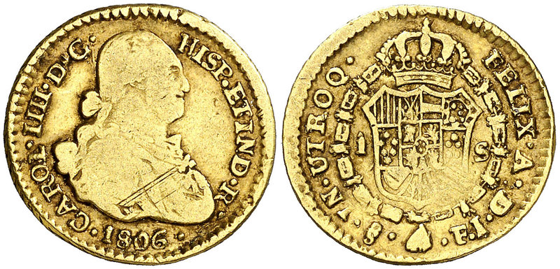 1806. Carlos IV. Santiago. FJ. 1 escudo. (Cal. 604). 3,28 g. Acuñación floja. Mu...