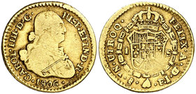 1806. Carlos IV. Santiago. FJ. 1 escudo. (Cal. 604). 3,28 g. Acuñación floja. Muy rara. BC/MBC-.