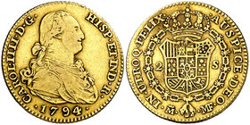 1794. Carlos IV. Madrid. MF. 2 escudos. (Cal. 328). 6,73 g. Ex Colección Manuela Etcheverría. MBC-/MBC.