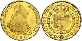 1800/790. Carlos IV. Madrid. MF. 2 escudos. (Cal. 339). 6,78 g. Mínima hojita en reverso. Bella. Brillo original. Ex Colección Manuela Etcheverría. EB...