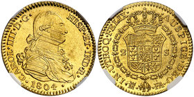 1804. Carlos IV. Madrid. FA. 2 escudos. (Cal. 347). En cápsula de la NGC como MS63, nº 3903158-007. Muy bella. Ex Heritage 15/01/2019, nº 37828. Escas...