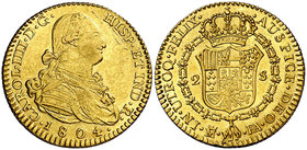 1804. Carlos IV. Madrid. FA. 2 escudos. (Cal. 347). 6,75 g. Exceso de oro. Bella. Brillo original. Ex Colección Manuela Etcheverría. EBC/EBC+.