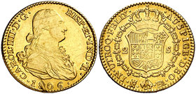 1806. Carlos IV. Madrid. FA. 2 escudos. (Cal. 349). 6,75 g. Raya que afecta al segundo dígito de la fecha. MBC/MBC+.