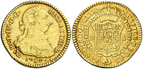 1789. Carlos IV. Popayán. SF. 2 escudos. (Cal. 375) (Restrepo 88-2). 6,61 g. Busto de Carlos III. Ordinal IV. Acuñación empastada. Rara. MBC-/MBC.