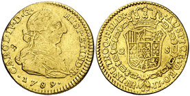 1789. Carlos IV. Santa Fe de Nuevo Reino. JJ. 2 escudos. (Cal. 407) (Restrepo 87-2). 6,66 g. Busto de Carlos III. Ordinal IV. Contramarca particular e...
