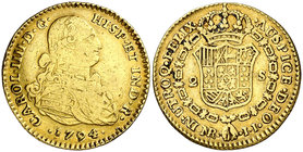 1794. Carlos IV. Santa Fe de Nuevo Reino. JJ. 2 escudos. (Cal. 413) (Restrepo 89-8). 6,68 g. Escasa. MBC-/MBC.