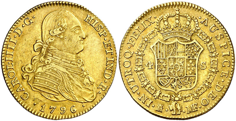 1796. Carlos IV. Madrid. MF. 4 escudos. (Cal. 205). 13,47 g. Leves marquitas. Pa...