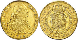 1796. Carlos IV. Madrid. MF. 4 escudos. (Cal. 205). 13,47 g. Leves marquitas. Parte de brillo original. MBC+.