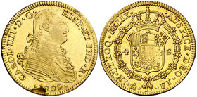 1802. Carlos IV. México. FT. 4 escudos. (Cal. 223). 13,48 g. Hoja en anverso. Golpecitos. Parte de brillo original. Escasa. (MBC+).