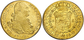1792. Carlos IV. Lima. IJ. 8 escudos. (Cal. 9) (Cal.Onza 982). 26,95 g. Primer año de busto propio. Golpecitos. Leves rayitas y parte de brillo origin...
