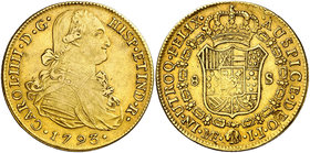 1793. Carlos IV. Lima. IJ. 8 escudos. (Cal. 10) (Cal.Onza 983). 26,79 g. Hojita en reverso. Bonito color. MBC+.
