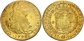 1796. Carlos IV. Lima. IJ. 8 escudos. (Cal. 13) (Cal.Onza 988). 26,93 g. Leves golpecitos. Parte de brillo original. MBC+.