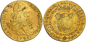 1798. Carlos IV. Lima. IJ. 8 escudos. (Cal. 16) (Cal.Onza 992). 26,99 g. Leves hojitas. Precioso color. MBC/MBC+.