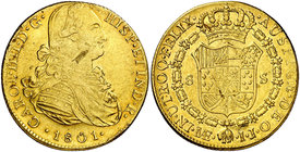 1801. Carlos IV. Lima. IJ. 8 escudos. (Cal. 19) (Cal.Onza 996). 27,05 g. Hojitas. Parte de brillo original. MBC/MBC+.
