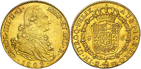 1802. Carlos IV. Madrid. FA. 8 escudos. (Cal. 33) (Cal.Onza 1012). 27 g. Sin punto después de FELIX ni antes de AUSPICE. Bella. Golpecito. Escasa y má...
