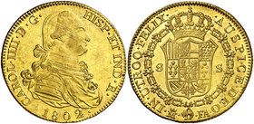 1802. Carlos IV. Madrid. FA. 8 escudos. (Cal. 33) (Cal.Onza 1011): 27 g. Muy bella. Brillo original. Rayitas de acuñación. Muy escasa así. EBC+/S/C-....