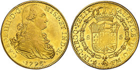 1793. Carlos IV. México. FM. 8 escudos. (Cal. 42) (Cal.Onza 1023). 26,94 g. Acuñación floja. Parte de brillo original. MBC+.