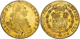 1805. Carlos IV. México. TH. 8 escudos. (Cal. 60) (Cal.Onza 1041). 26,96 g. Leves hojitas. Precioso color. MBC+.