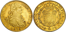 1808. Carlos IV. México. TH. 8 escudos. (Cal. 65) (Cal.Onza 1047). 26,99 g. Acuñación floja. Precioso color. La onza más rara de esta ceca y reinado. ...