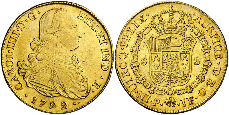 1792. Carlos IV. Popayán. JF. 8 escudos. (Cal. 70) (Cal.Onza 1053) (Restrepo 98-...