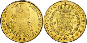 1792. Carlos IV. Popayán. JF. 8 escudos. (Cal. 70) (Cal.Onza 1053) (Restrepo 98-4). 26,94 g. Gran separación entre INDR. MBC/MBC+.