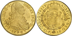 1794. Carlos IV. Popayán. JF. 8 escudos. (Cal. 72) (Cal.Onza 1056) (Restrepo 98-8). 26,98 g. Bella. Brillo original. Precioso color. Ex Colección Gasp...