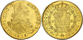 1803. Carlos IV. Popayán. JF. 8 escudos. (Cal. 82) (Cal.Onza 1066) (Restrepo 98-26). 26,90 g. Leves marquitas. Parte de brillo original. MBC+.