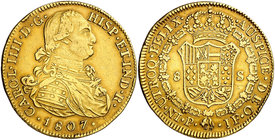 1807. Carlos IV. Popayán. JF. 8 escudos. (Cal. 90) (Cal.Onza 1074) (Restrepo 98-36). 26,84 g. Golpecitos en canto. MBC/MBC+.