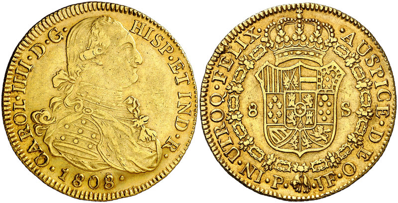 1808. Carlos IV. Popayán. JF. 8 escudos. (Cal. 91) (Cal.Onza 1075) (Restrepo 98-...