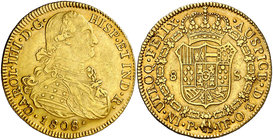 1808. Carlos IV. Popayán. JF. 8 escudos. (Cal. 91) (Cal.Onza 1075) (Restrepo 98-38). 26,95 g. Con punto delante de AUSPICE. Bonito color. MBC+.