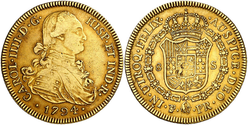 1794. Carlos IV. Potosí. PR. 8 escudos. (Cal. 101) (Cal.Onza 1093). 26,83 g. Mín...